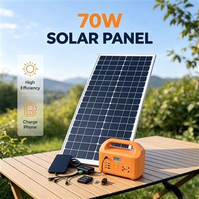 Kompakt 70W solcellepanel med USB Type C DC-grensesnitt 3 meter ledning og spenningsregulator for nødstrøm